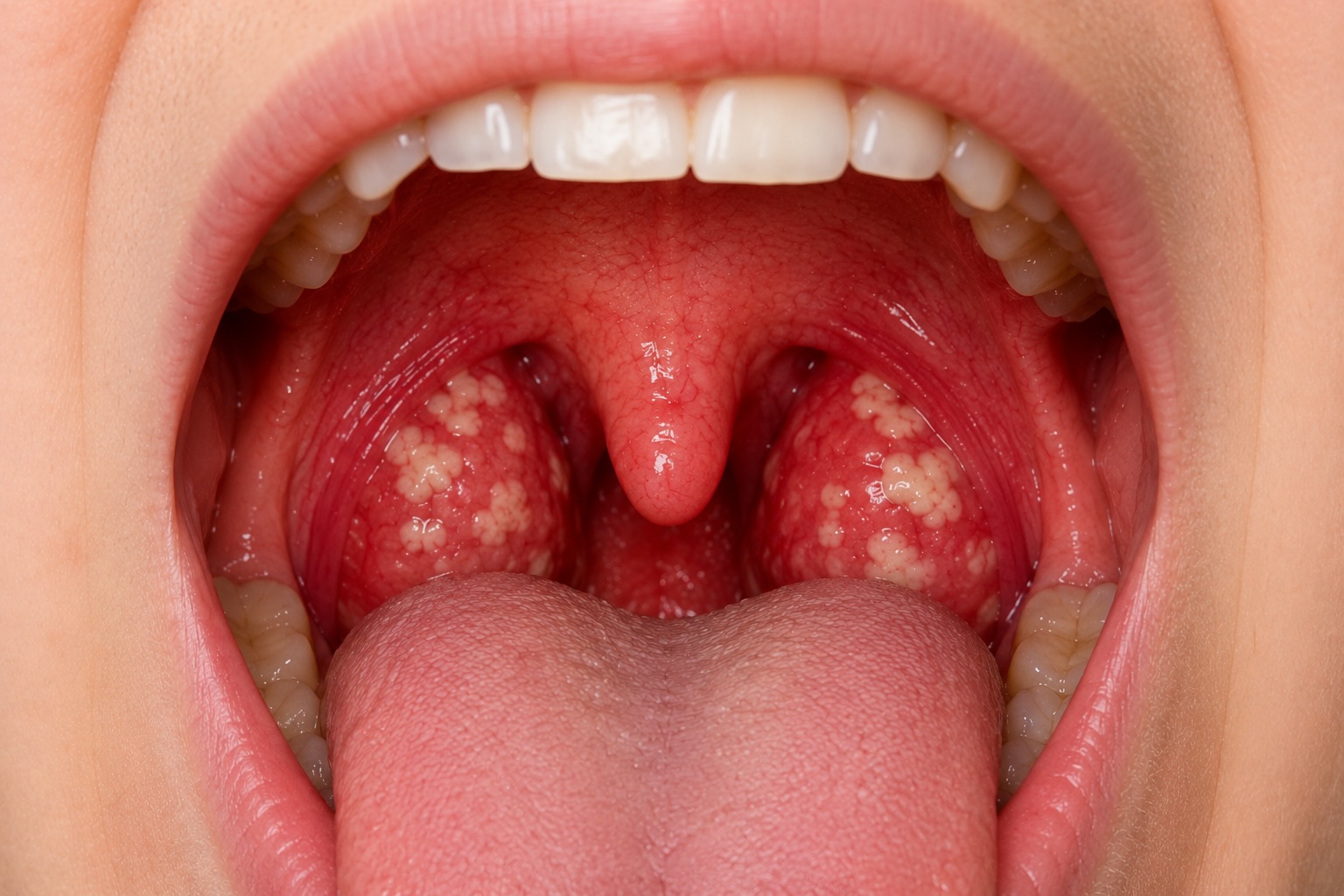 Palatal petechiae at the junction of the hard and soft palate — infectious mononucleosis