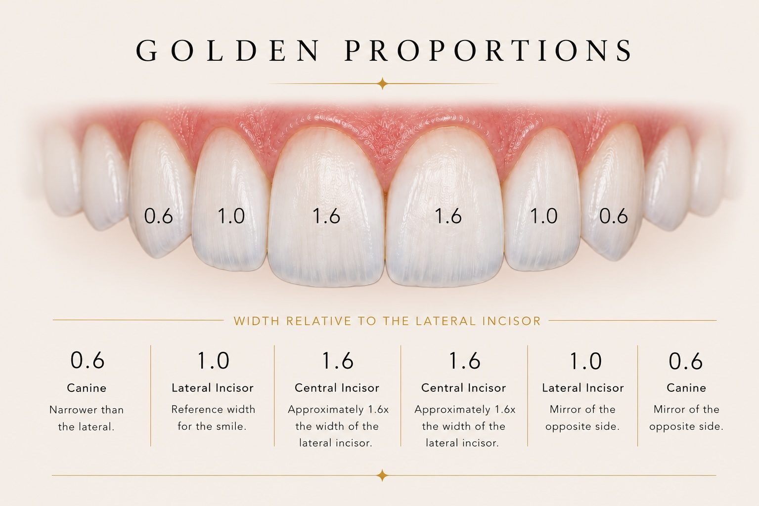 Golden proportions — tooth width grid from central incisor through second premolar