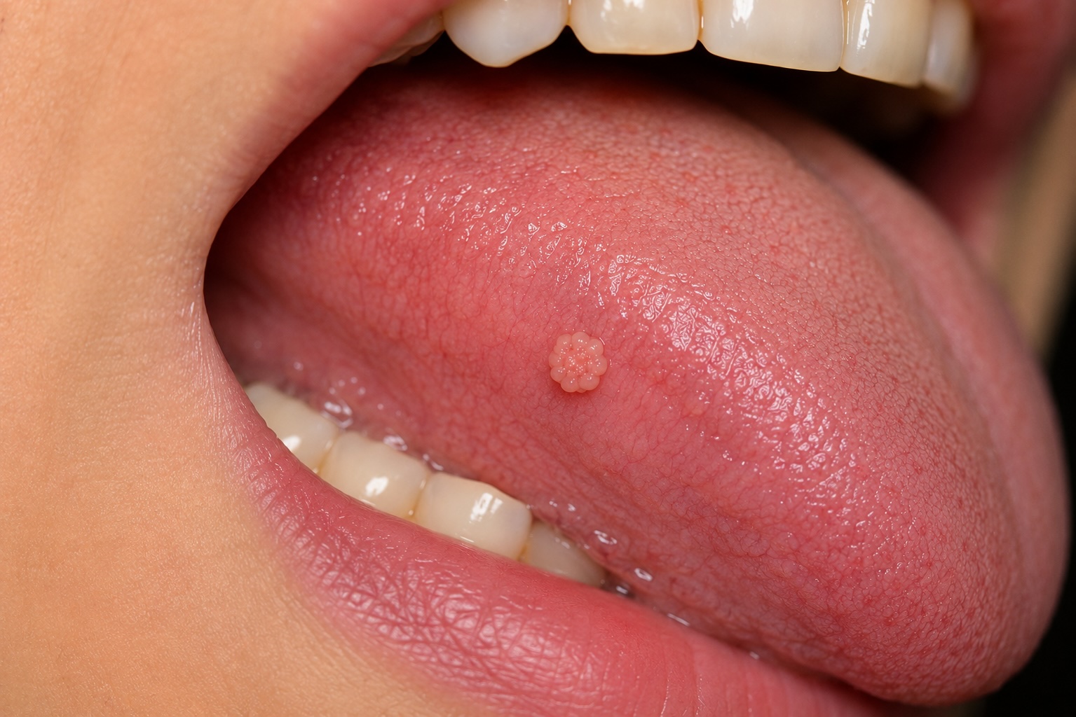 Oral squamous papilloma — exophytic cauliflower-like lesion on the soft palate