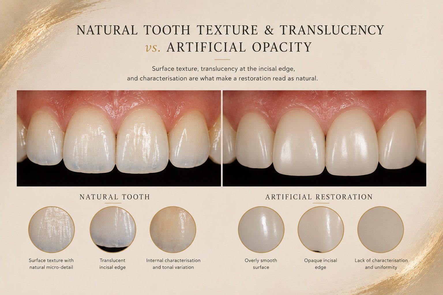Natural tooth texture and translucency vs. artificial opacity