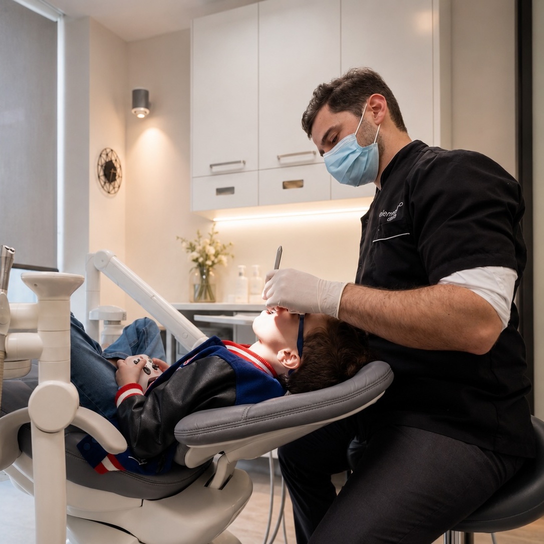 Dr Joshua Nolde performing a dental examination while a young patient plays Xbox — Element Dental Children's Dentistry
