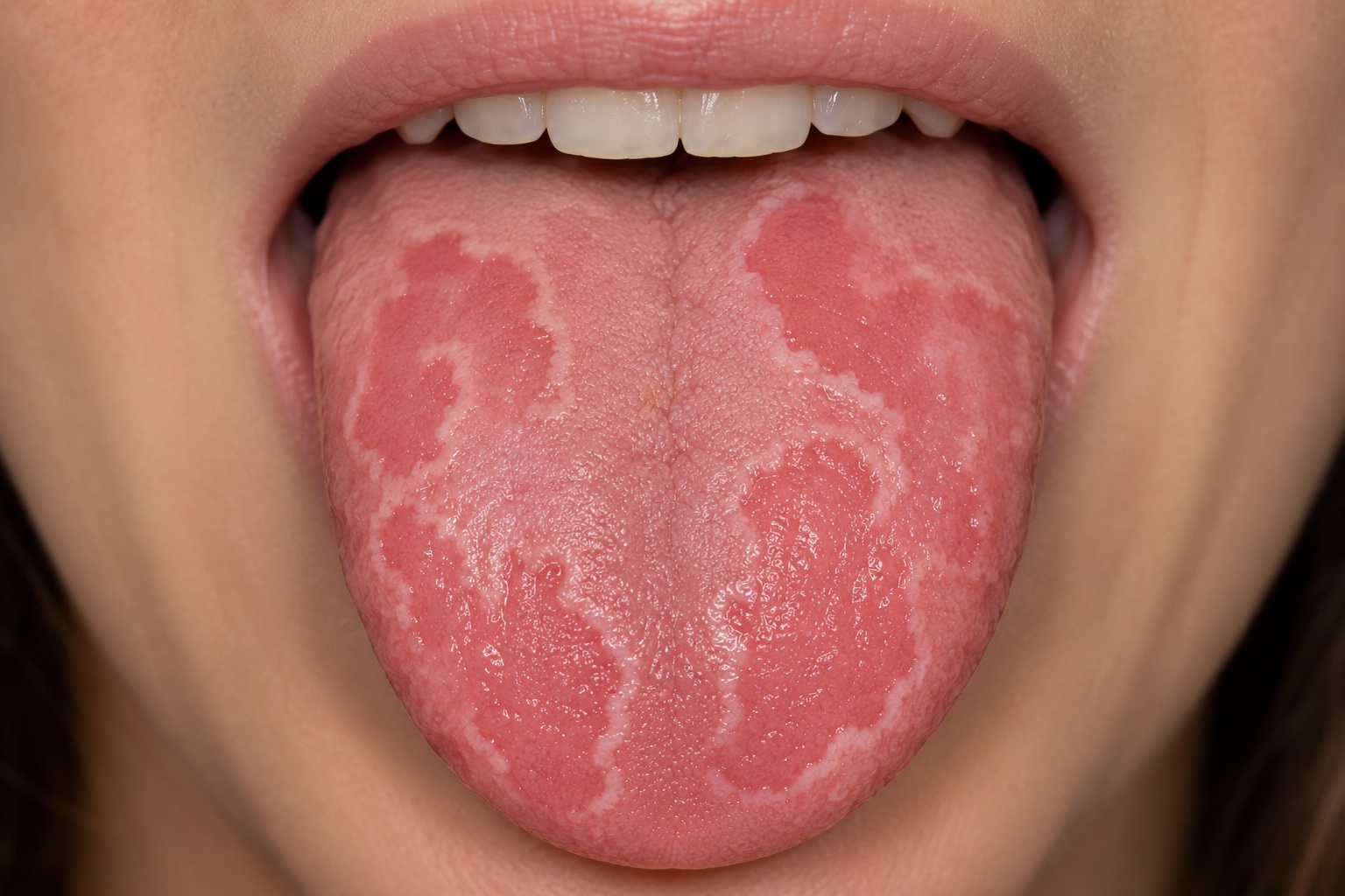 Geographic tongue — irregular erythematous patches with pale borders on the dorsum