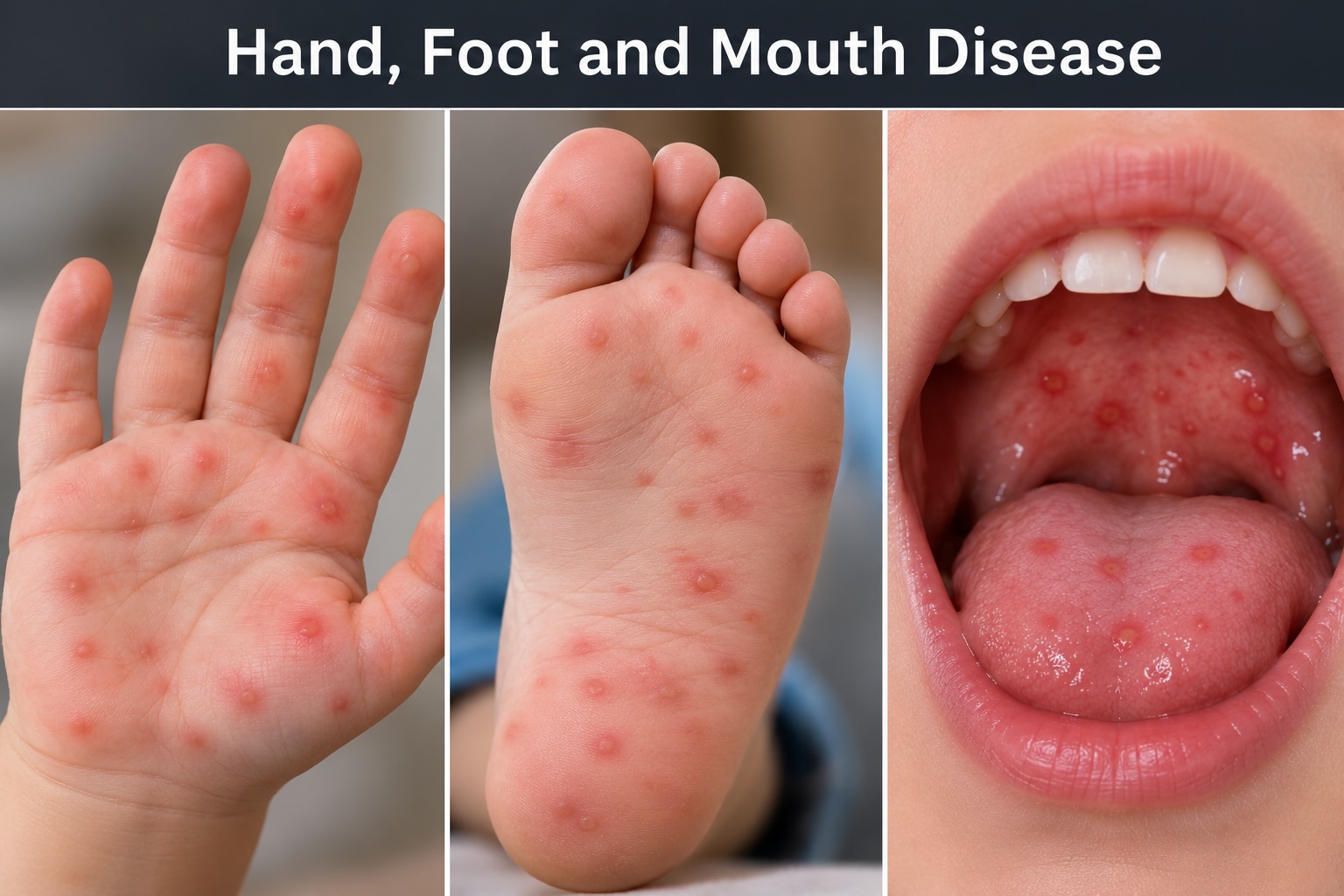 Hand, foot and mouth disease — oral vesicles and ulcers on the tongue and buccal mucosa