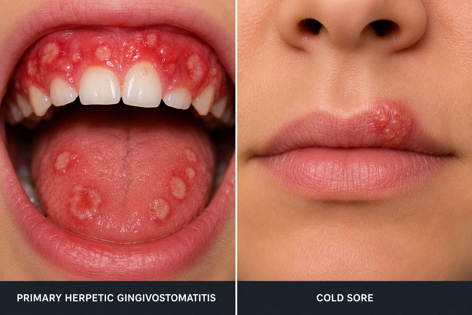 Herpes simplex — vesicles on the lip vermilion and perioral skin