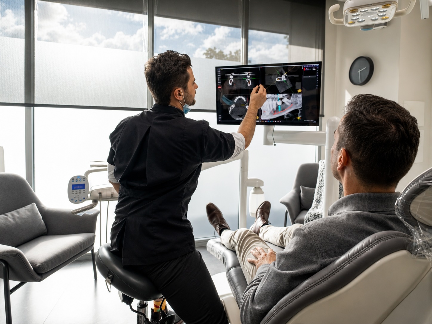 Dr Josh Nolde reviewing an implant treatment plan with a patient at Element Dental